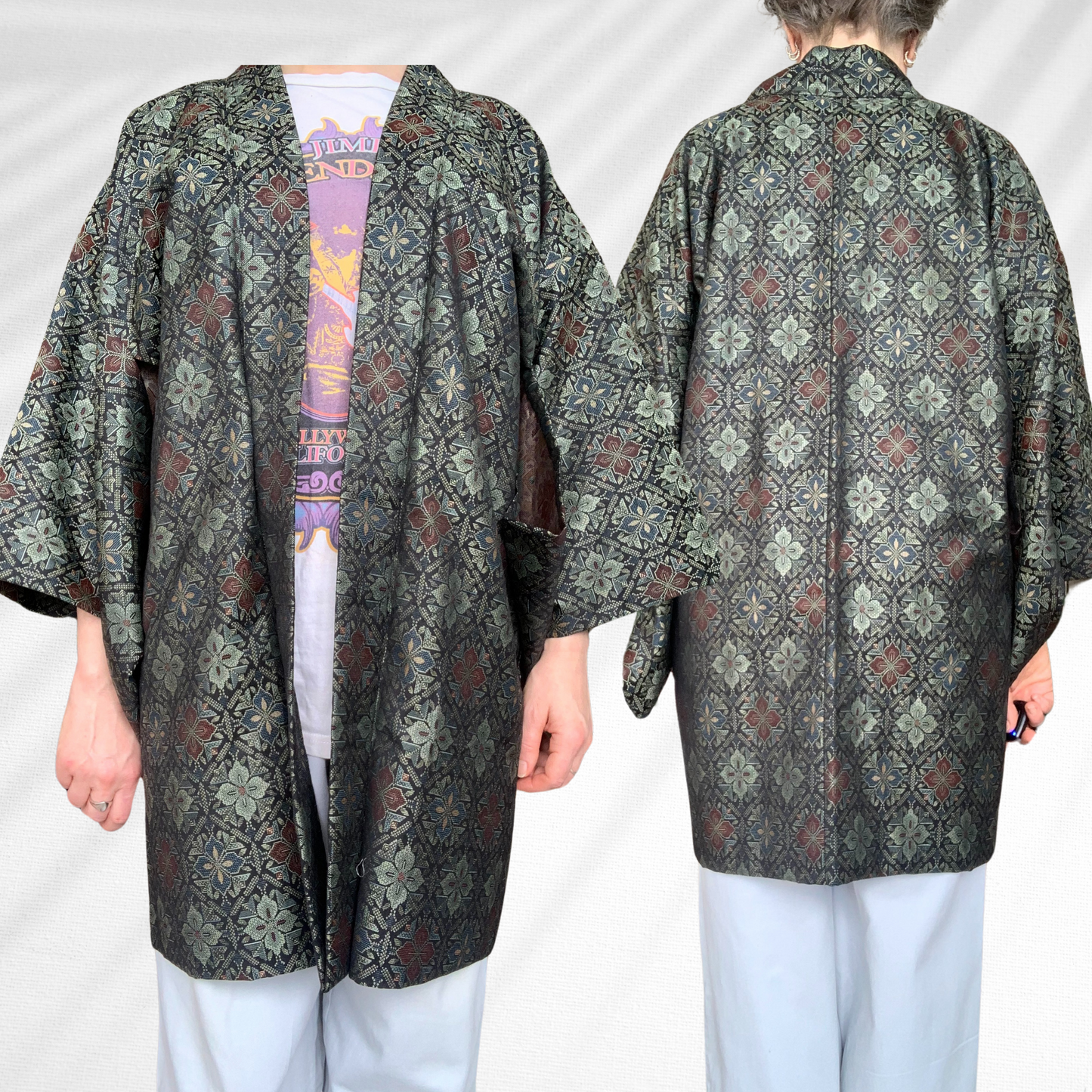 Vintage Green Floral Jacket Style Kimono