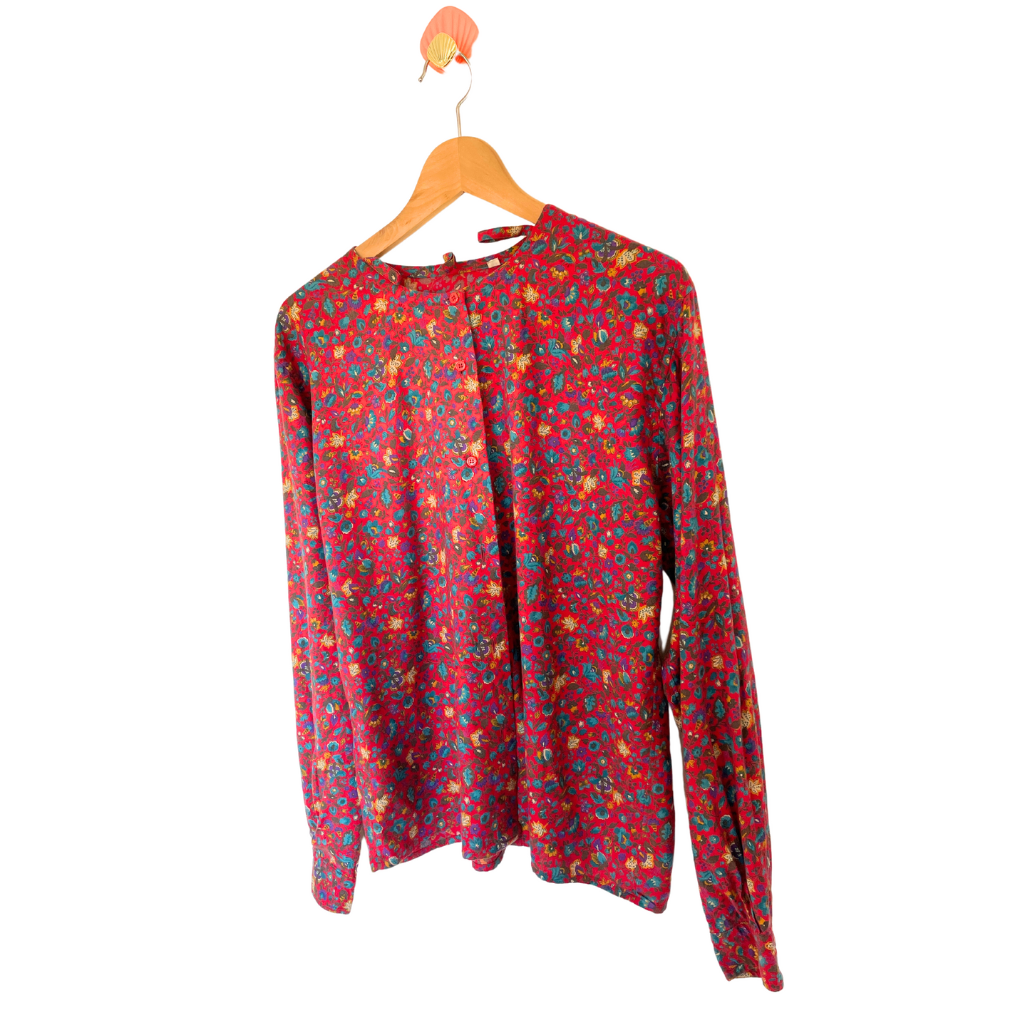 Vintage Red Floral Collarless Button Up Blouse