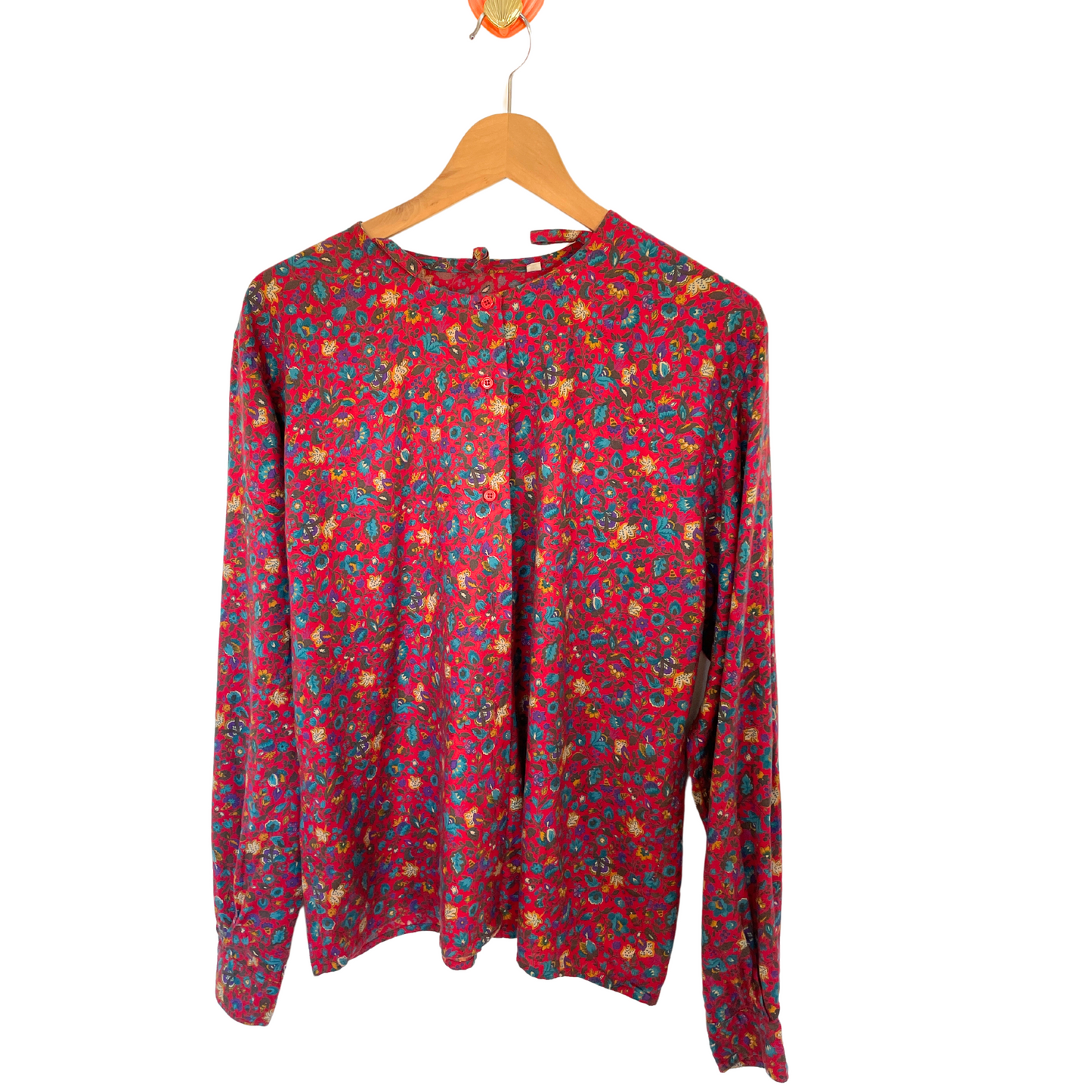 Vintage Red Floral Collarless Button Up Blouse