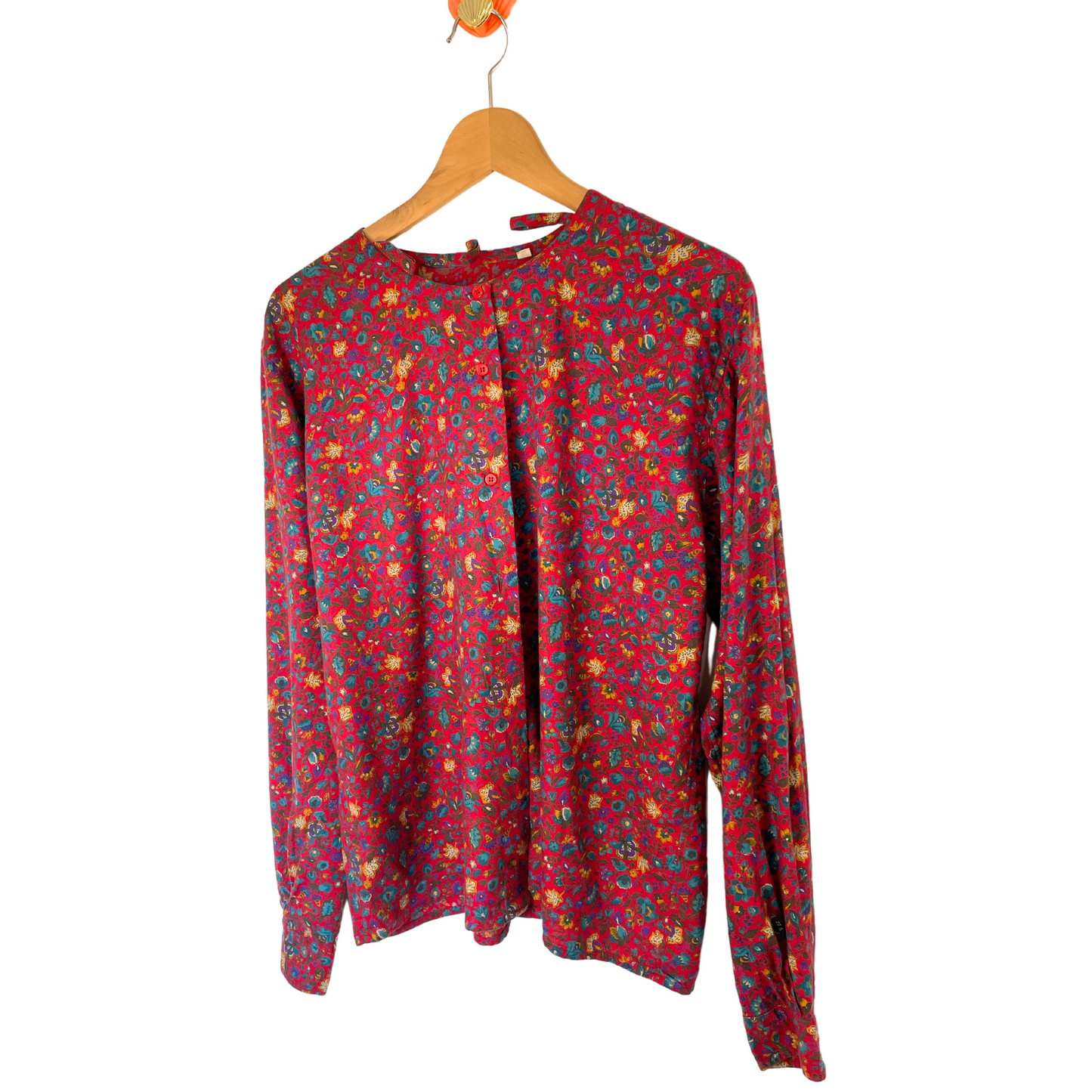 Vintage Red Floral Collarless Button Up Blouse