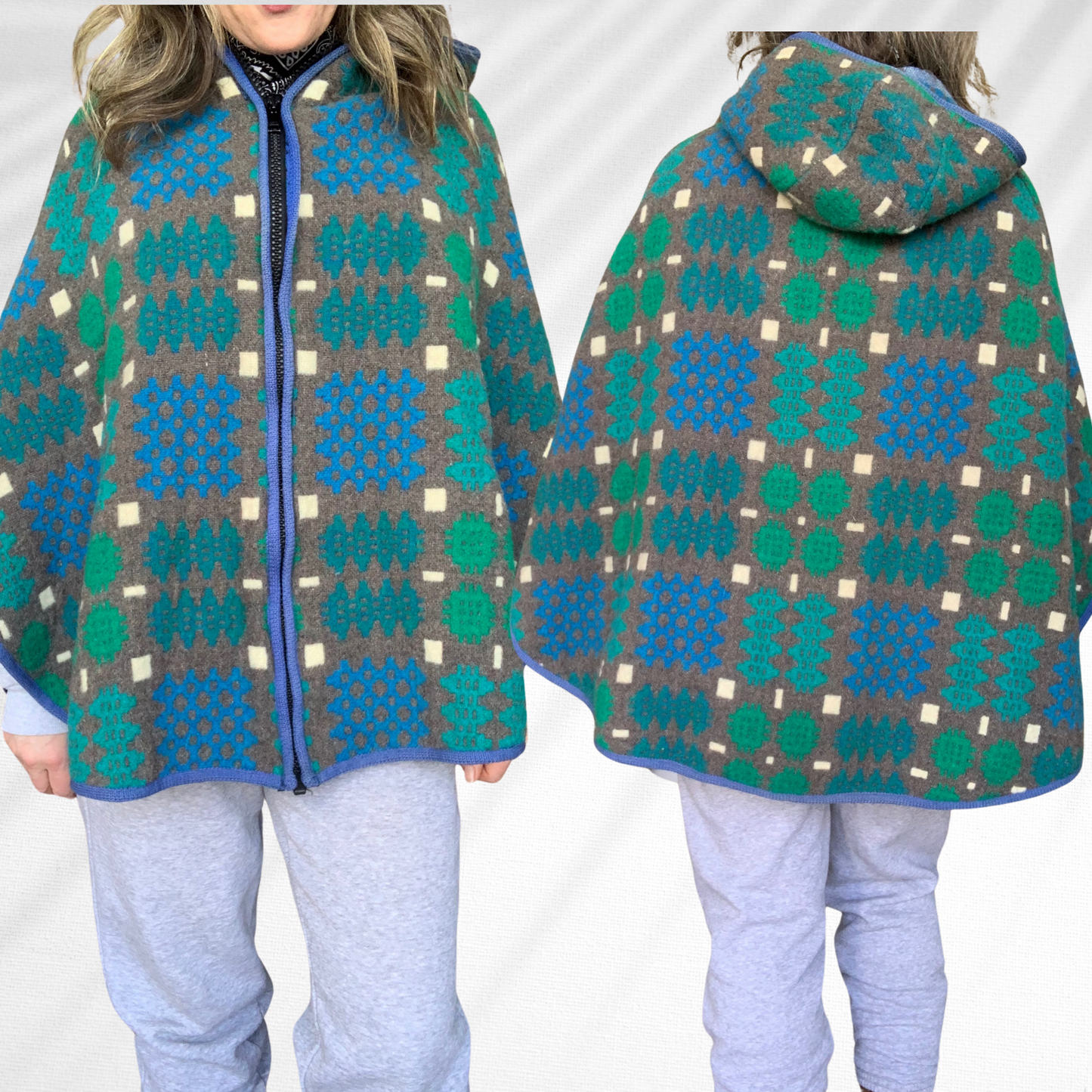 Vintage Blue and Green Welsh Wool Tapestry Cape/ Poncho with Hood.