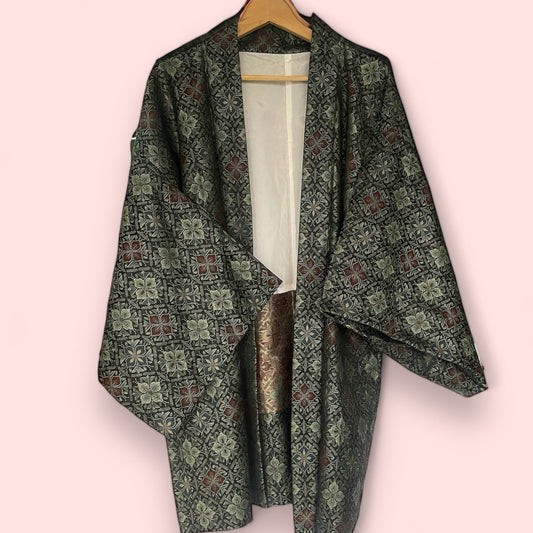 Vintage Green Floral Jacket Style Kimono