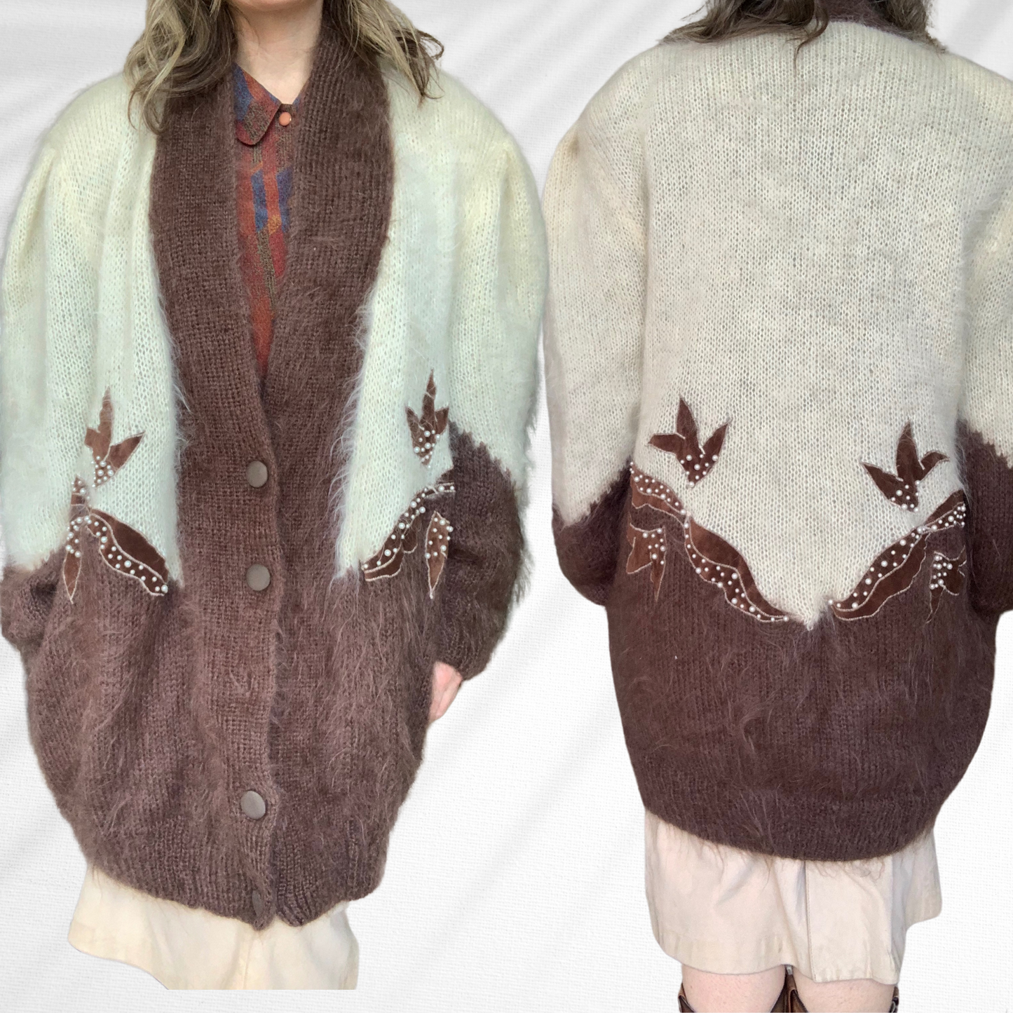 Vintage Brown and Cream Mohair Long Cardigan Jacket with Shoulder Pads