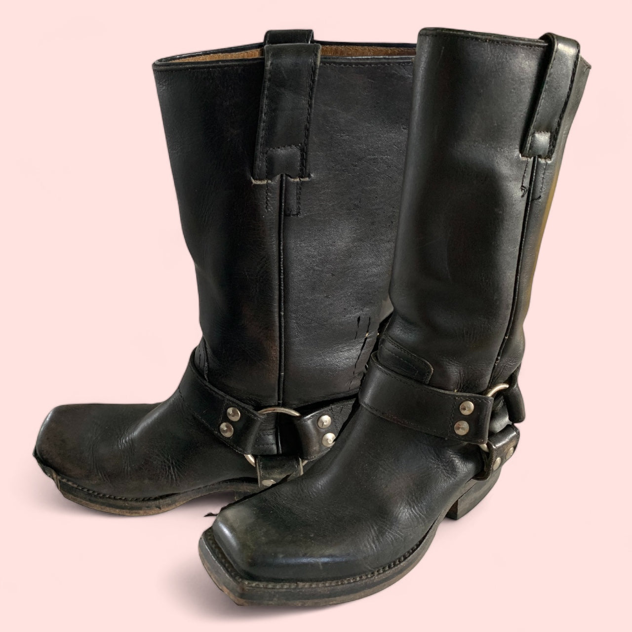 Vintage Buffalo Black Leather Harness Square Toe Bike Boots