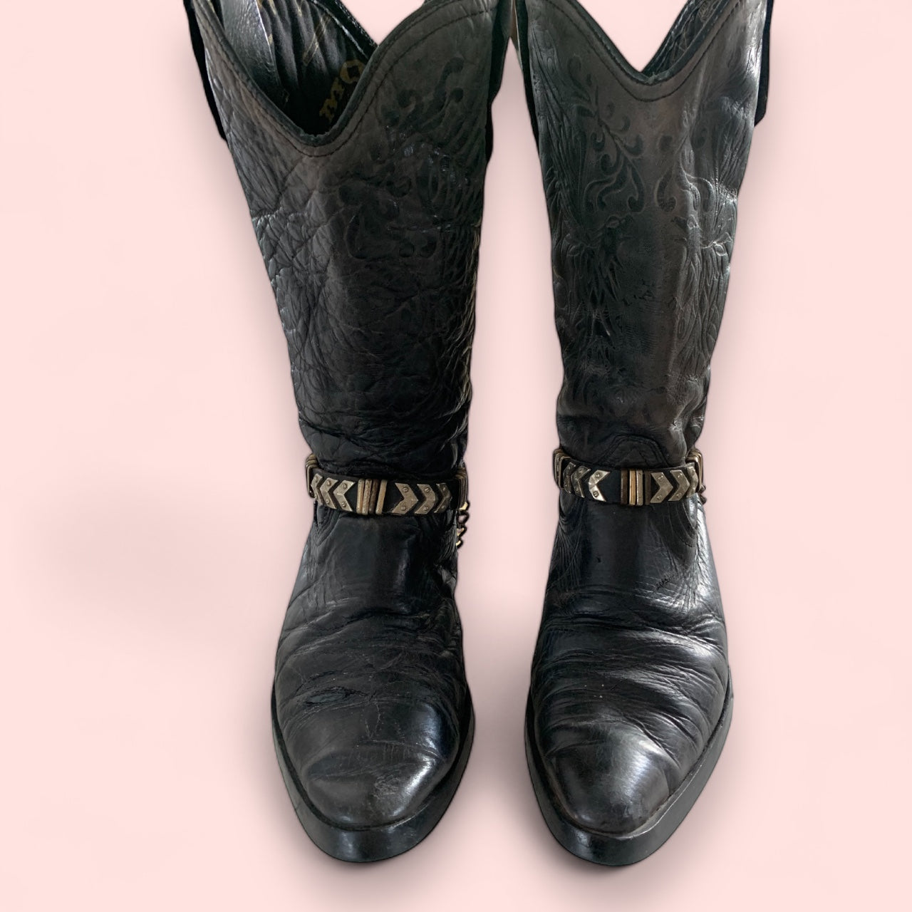 Vintage El Alamo Black Leather Western Boot With Chain Unisex