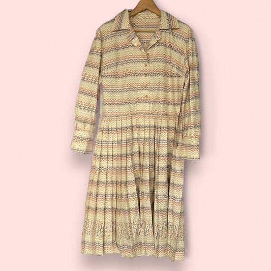 Vintage Brown and Cream Dress With Long Sleeves and Drop Pleat