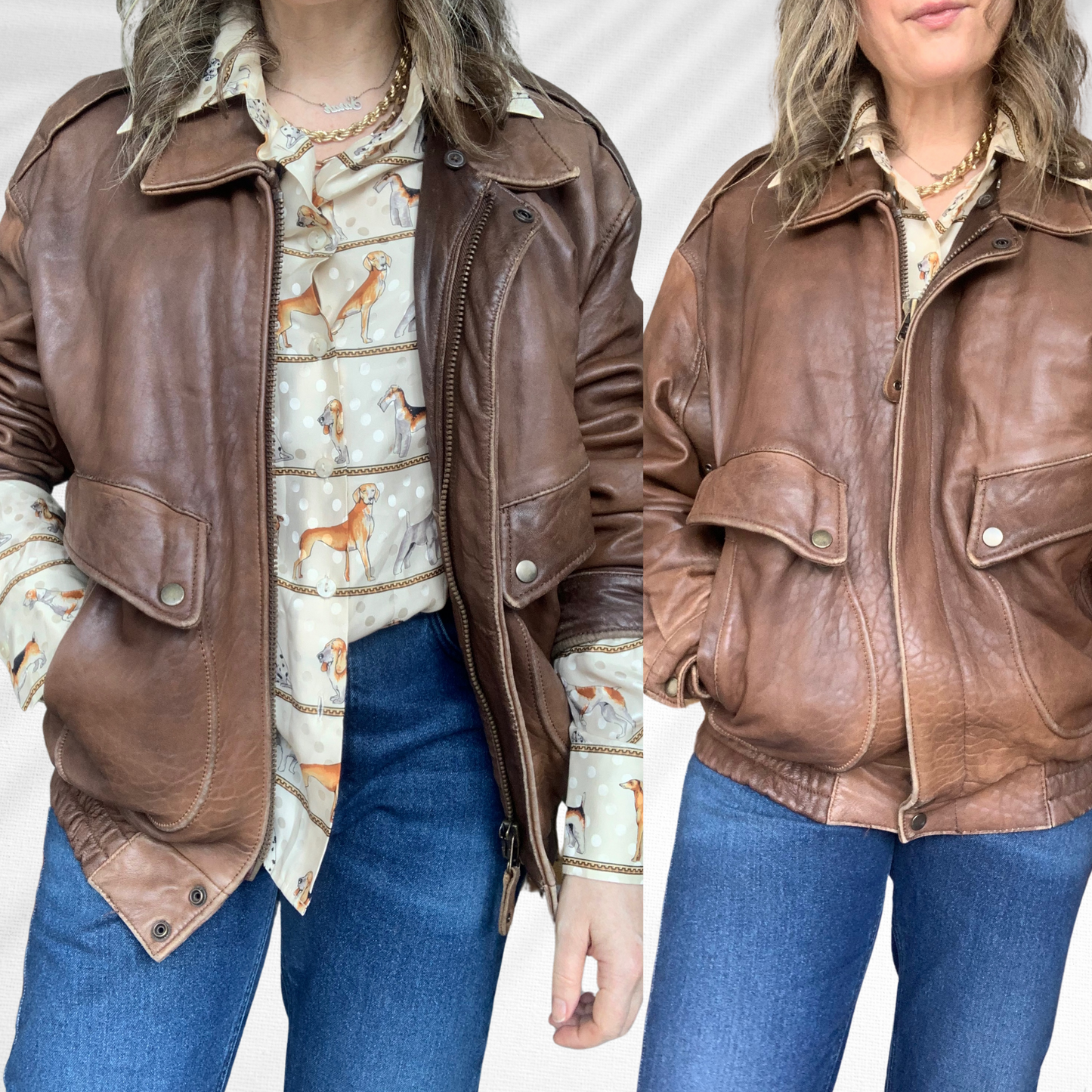 Vintage Soft Brown Leather Bomber Jacket