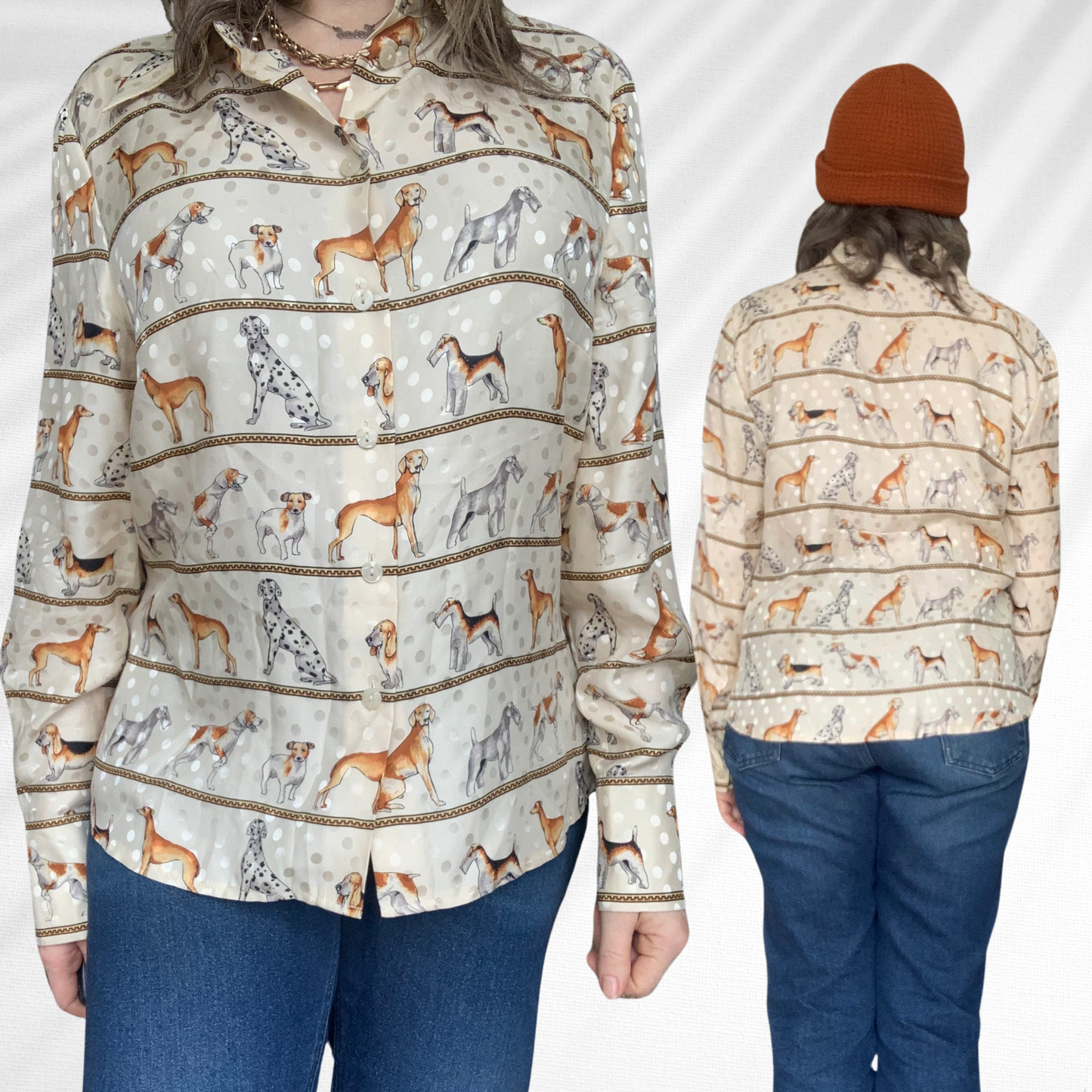 Vintage 100% Silk Blouse With Dog Pattern