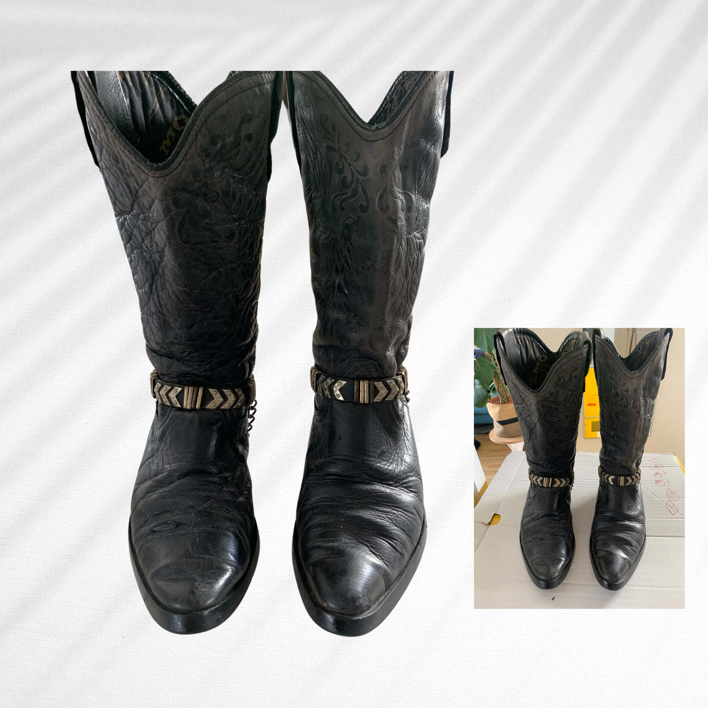 Vintage El Alamo Black Leather Western Boot With Chain Unisex