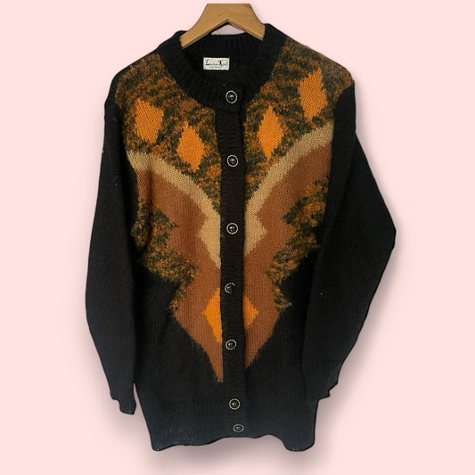 Vintage Abstract Print Black/Orange/ Camel Longline Cardigan