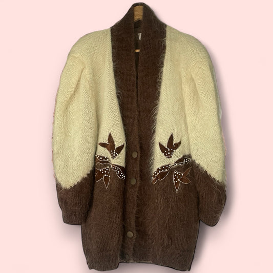 Vintage Brown and Cream Mohair Long Cardigan Jacket with Shoulder Pads