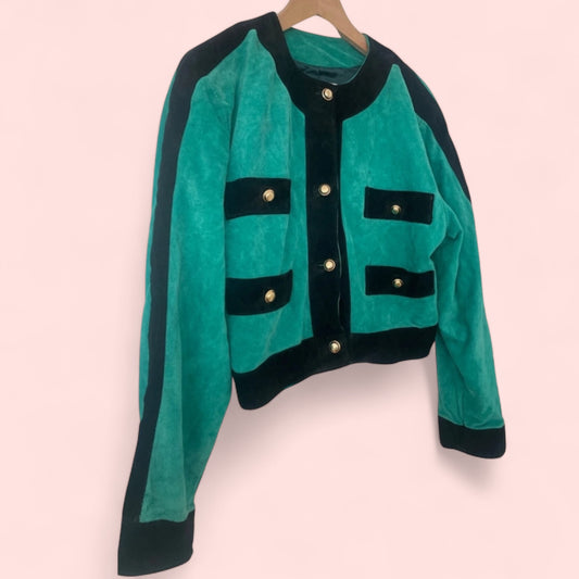 Vintage Italian Emerald Green Suede Cropped Military Style Jacket