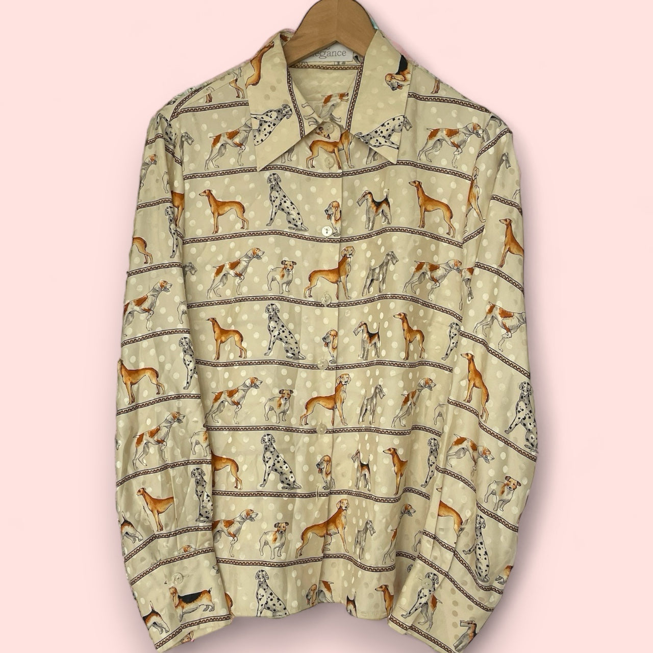 Vintage 100% Silk Blouse With Dog Pattern