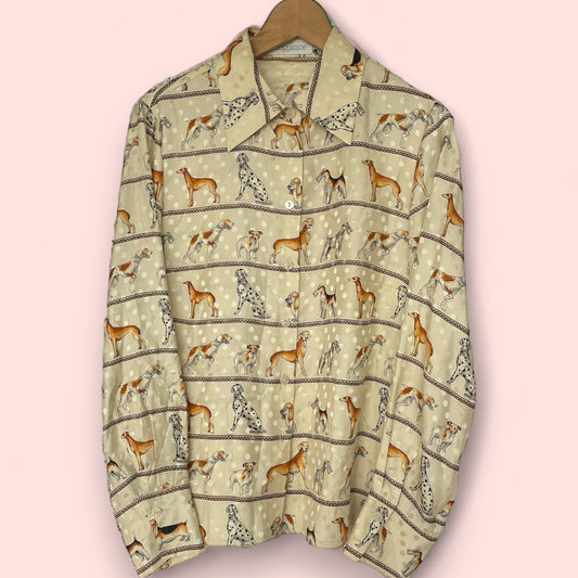 Vintage 100% Silk Blouse With Dog Pattern