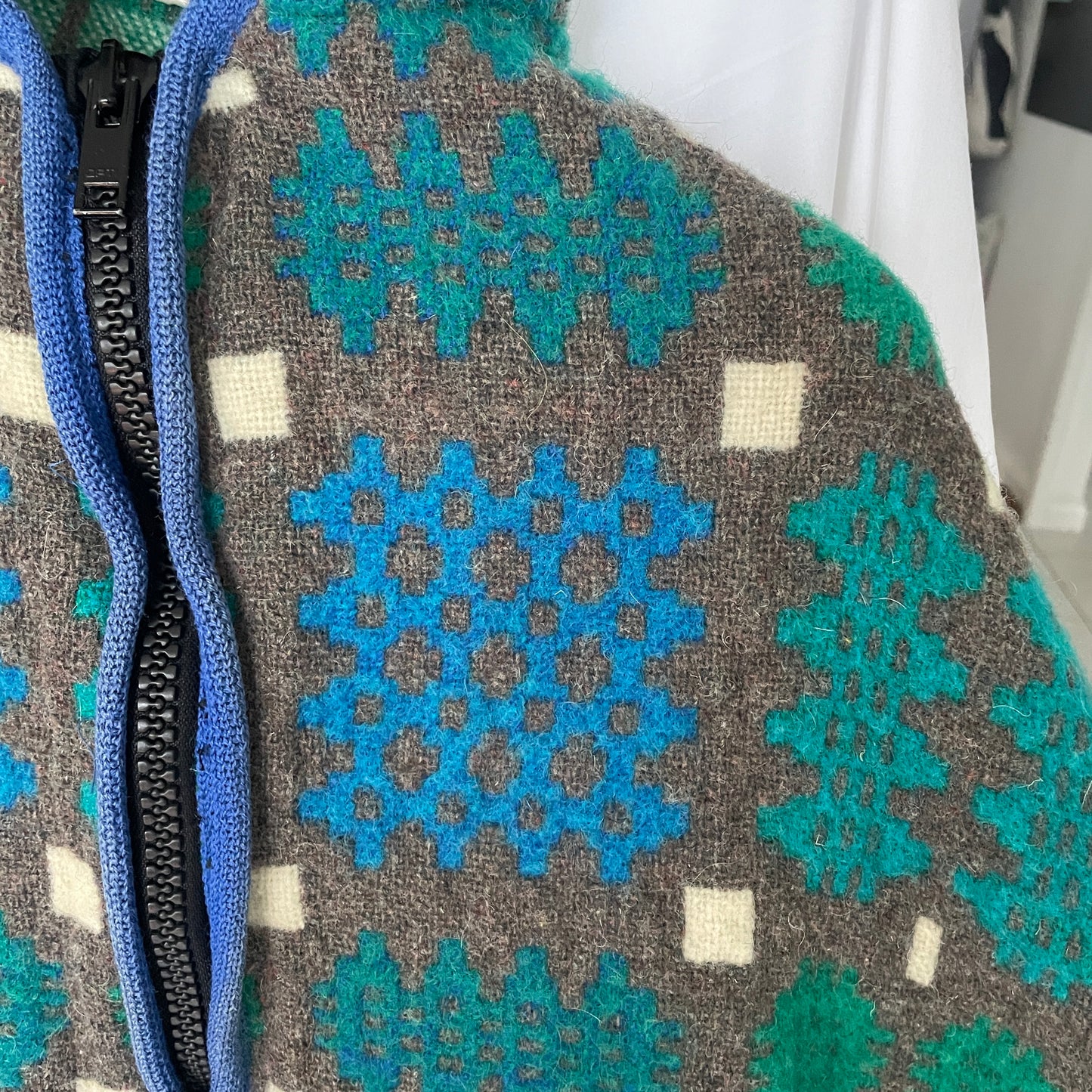 Vintage Blue and Green Welsh Wool Tapestry Cape/ Poncho with Hood.