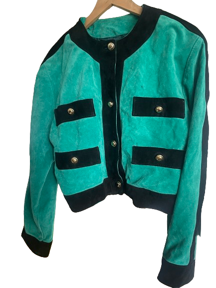 Vintage Italian Emerald Green Suede Cropped Military Style Jacket