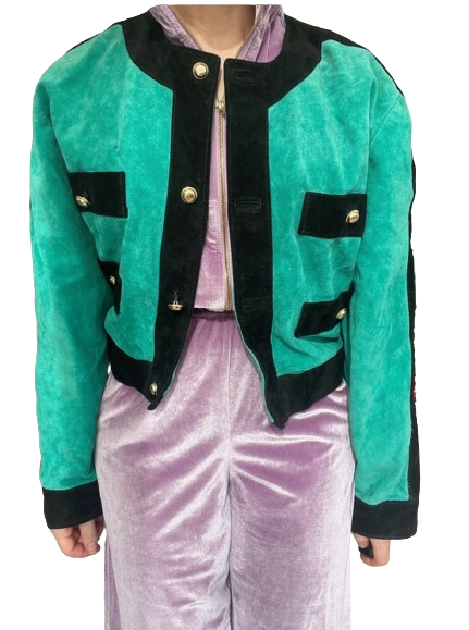 Vintage Italian Emerald Green Suede Cropped Military Style Jacket