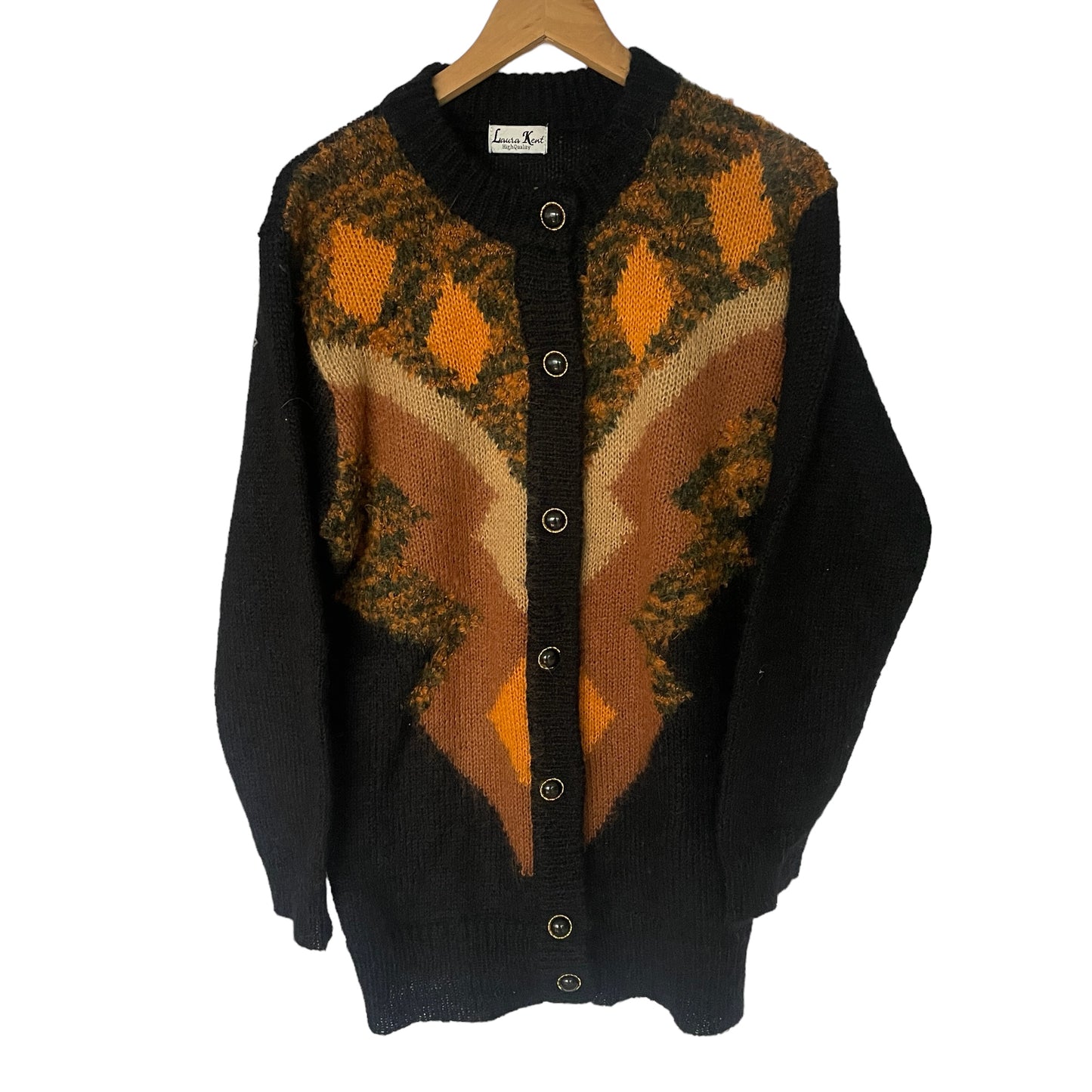 Vintage Abstract Print Black/Orange/ Camel Longline Cardigan