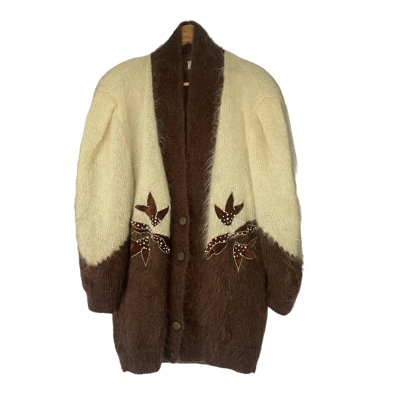 Vintage Brown and Cream Mohair Long Cardigan Jacket with Shoulder Pads