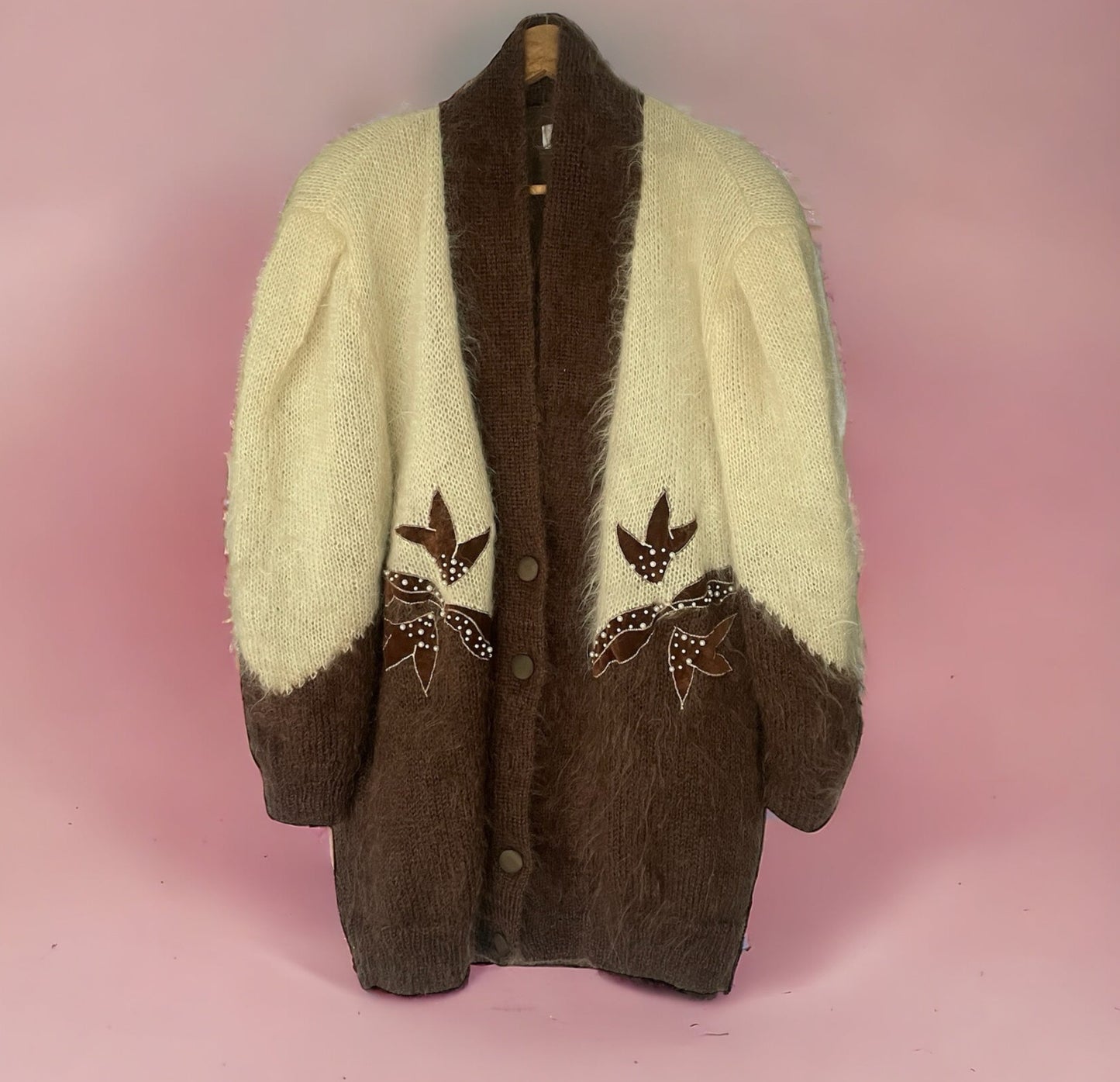 Vintage Brown and Cream Mohair Long Cardigan Jacket with Shoulder Pads