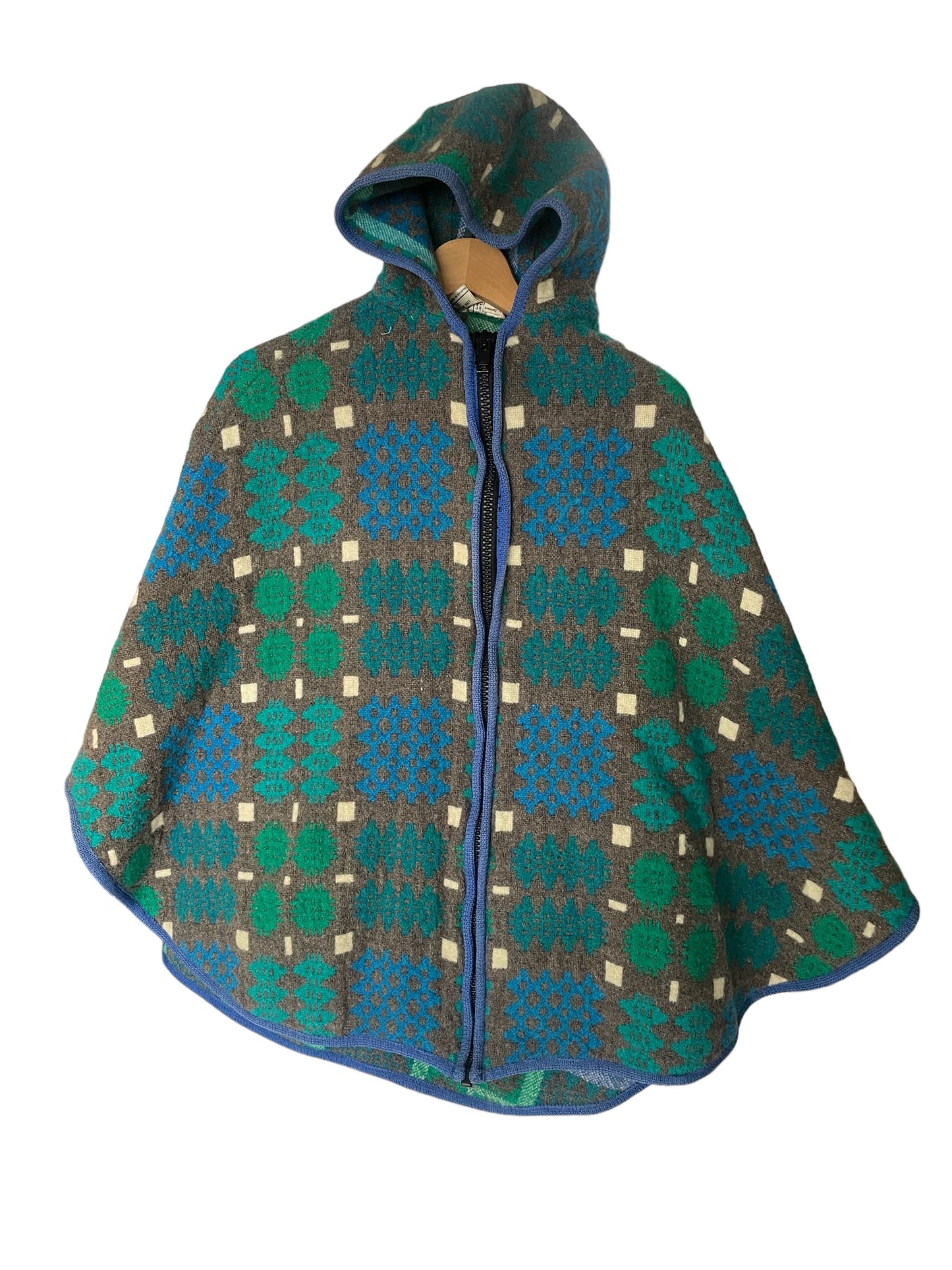 Vintage Blue and Green Welsh Wool Tapestry Cape/ Poncho with Hood.