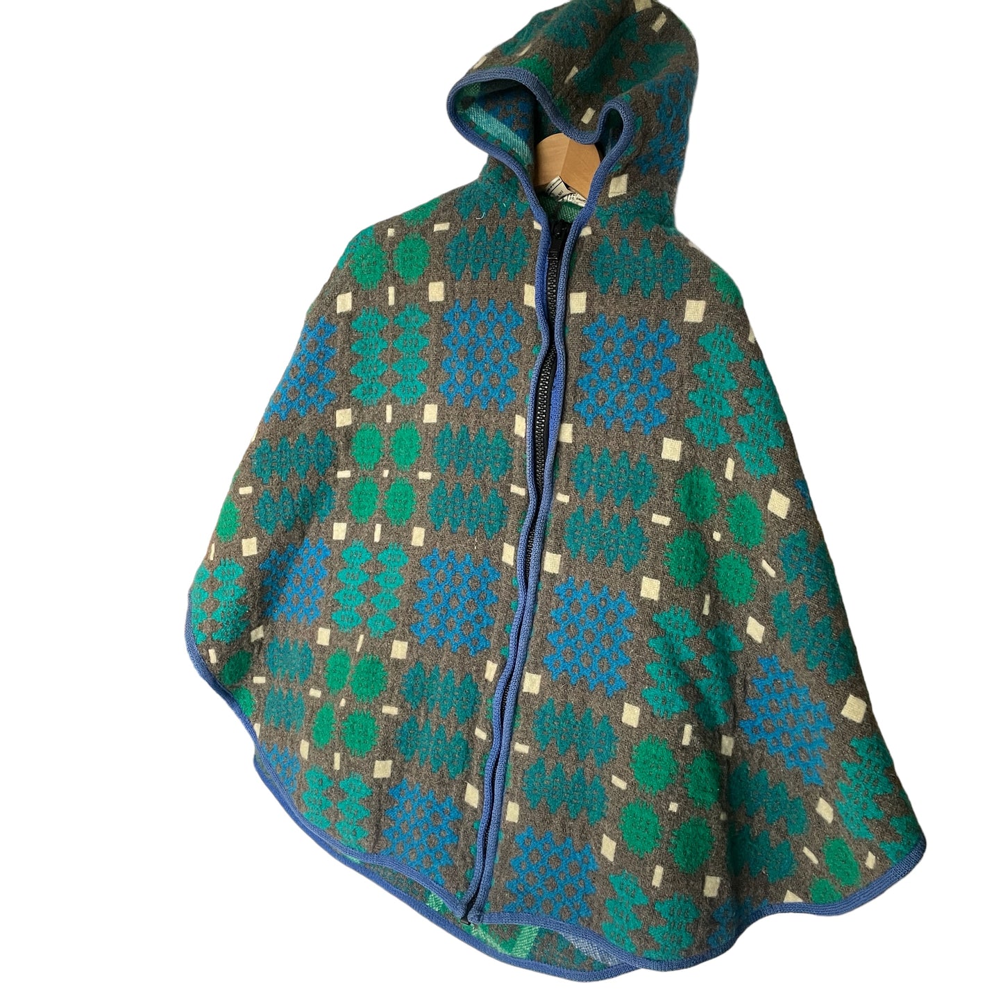 Vintage Blue and Green Welsh Wool Tapestry Cape/ Poncho with Hood.