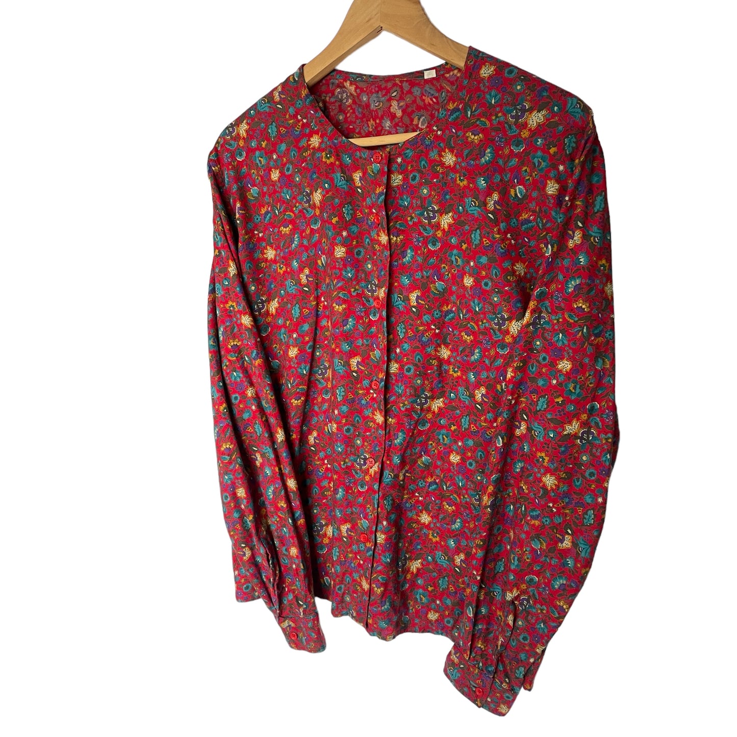 Vintage Red Floral Collarless Button Up Blouse