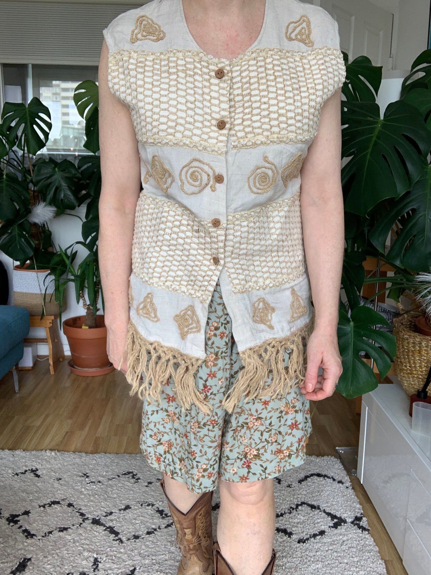 Vintage Boho Seaside Themed Waistcoat With Rattan Tassels