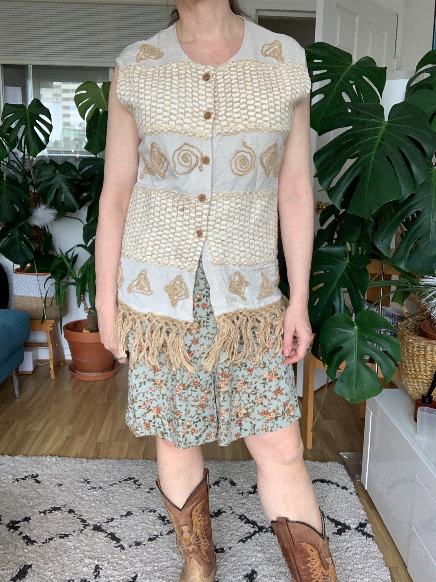 Vintage Boho Seaside Themed Waistcoat With Rattan Tassels