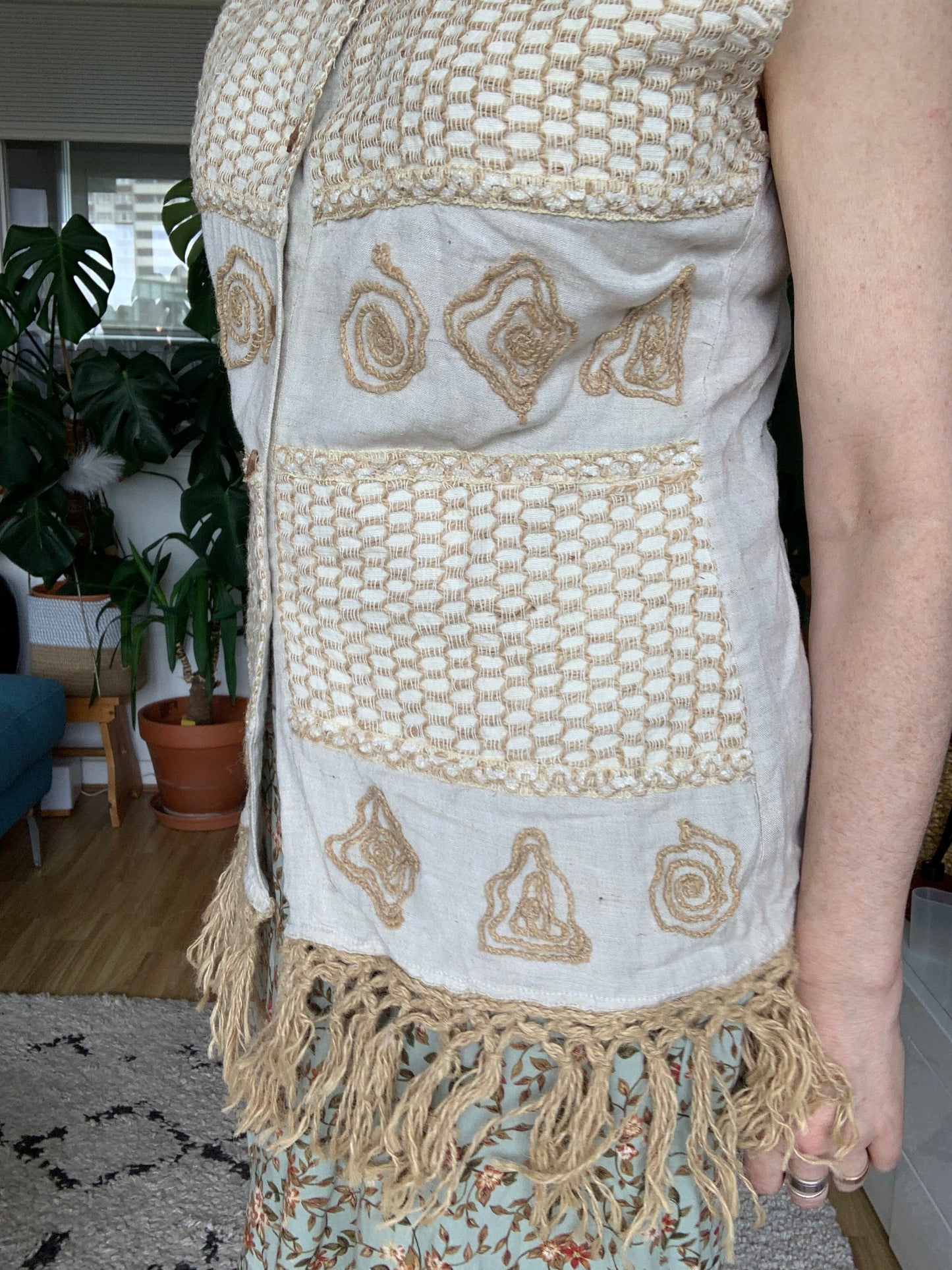 Vintage Boho Seaside Themed Waistcoat With Rattan Tassels