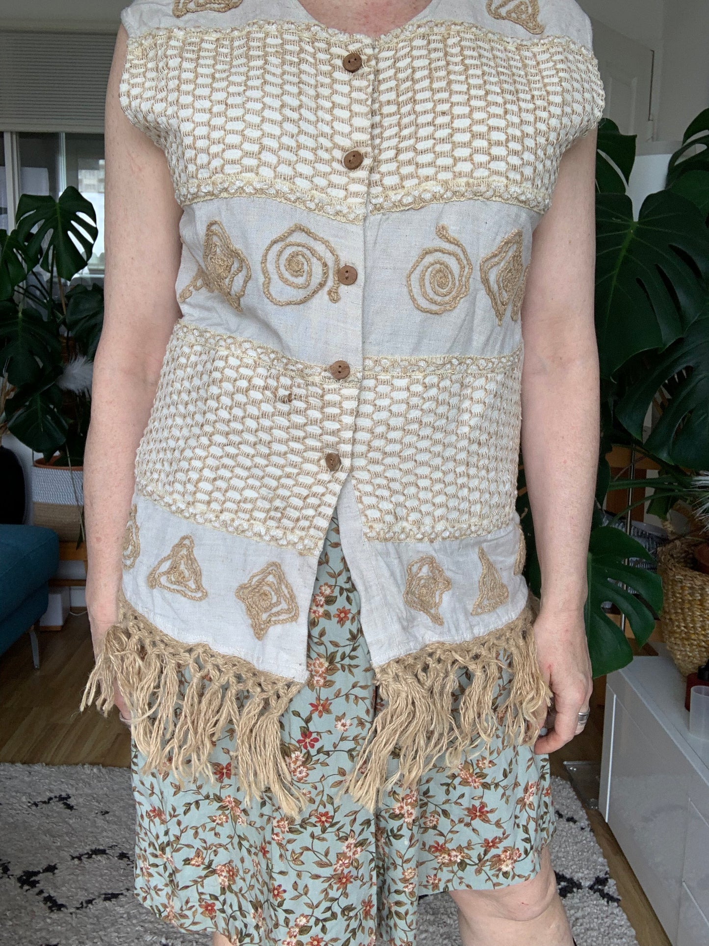 Vintage Boho Seaside Themed Waistcoat With Rattan Tassels