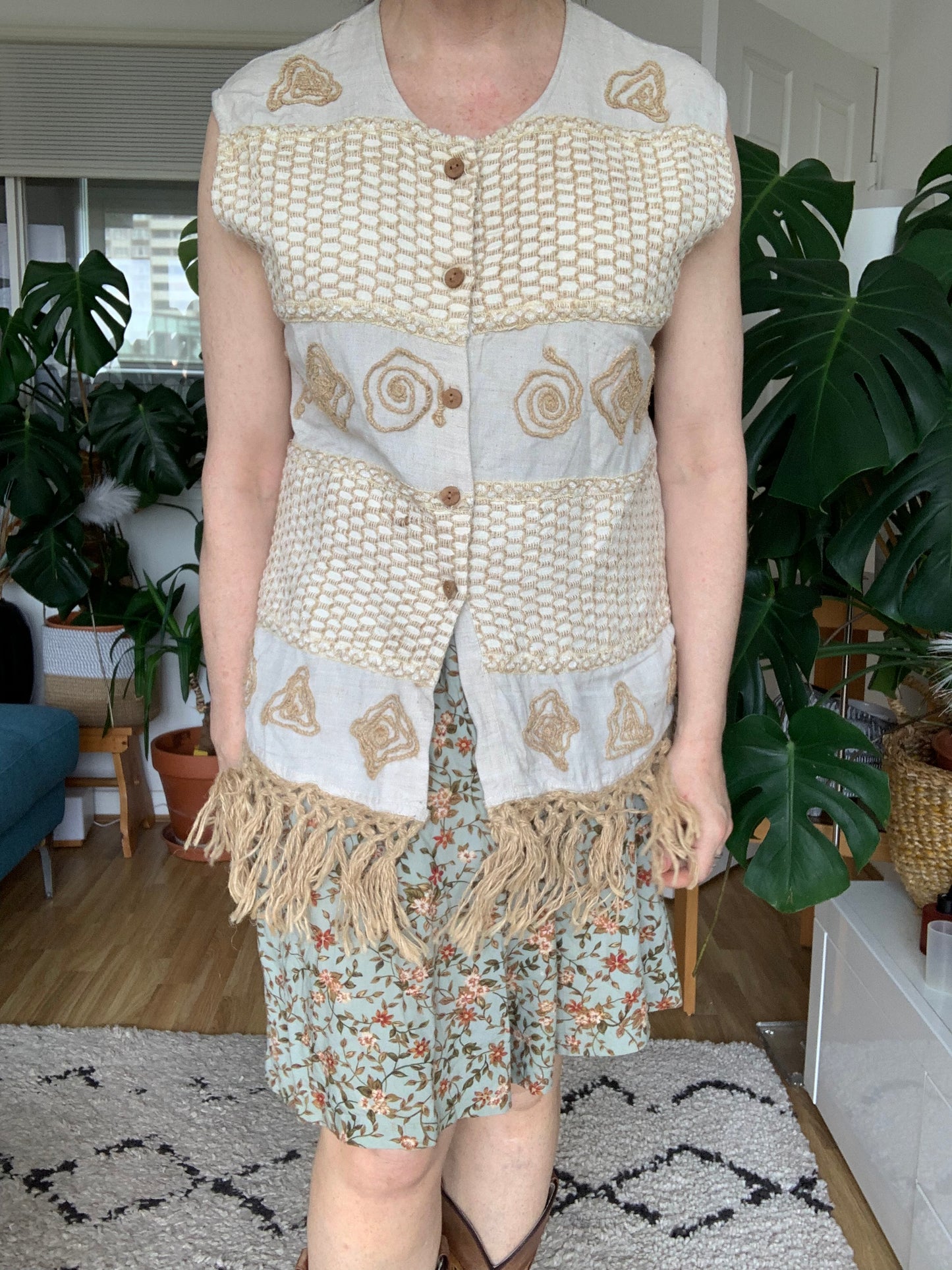 Vintage Boho Seaside Themed Waistcoat With Rattan Tassels